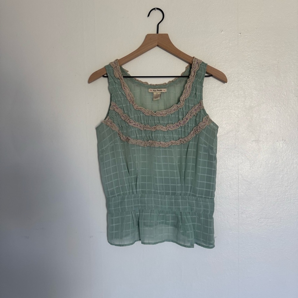 Free People Vintage Green Ruffled Smocked Blouse Bohemian Size 8